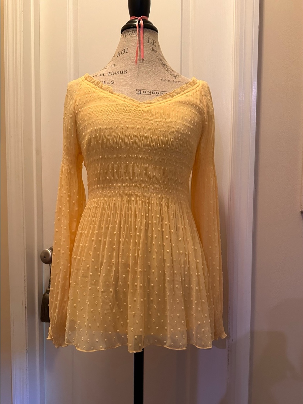 Sunny Leigh Pale Yellow Swiss Dot Smocked Peplum Blouse